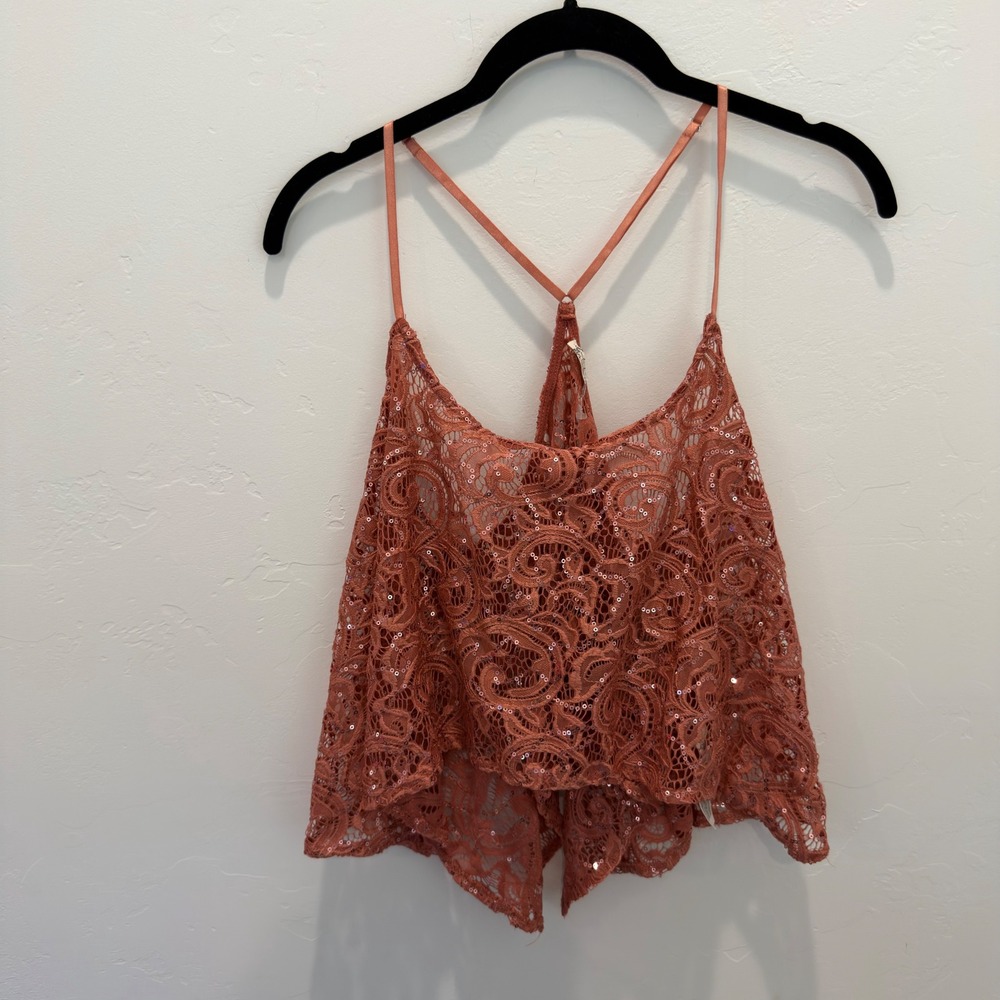 Intimately Free People Sequin Lace Crop Top Terracotta Coral Boho Cami M